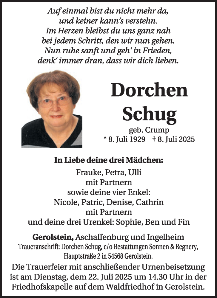  Traueranzeige für Dorchen Schug vom 19.07.2025 aus WochenSpiegel