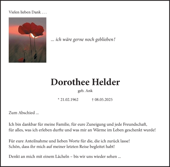 Traueranzeige von Dorothee Helder von WochenSpiegel