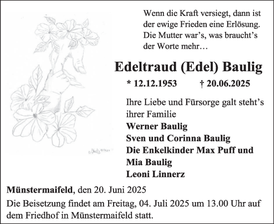 Traueranzeige von Edeltraud Baulig von WochenSpiegel