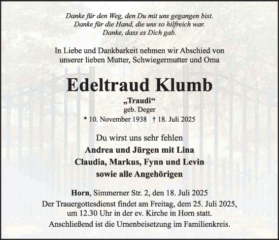 Traueranzeige von Edeltraud Klumb von WochenSpiegel