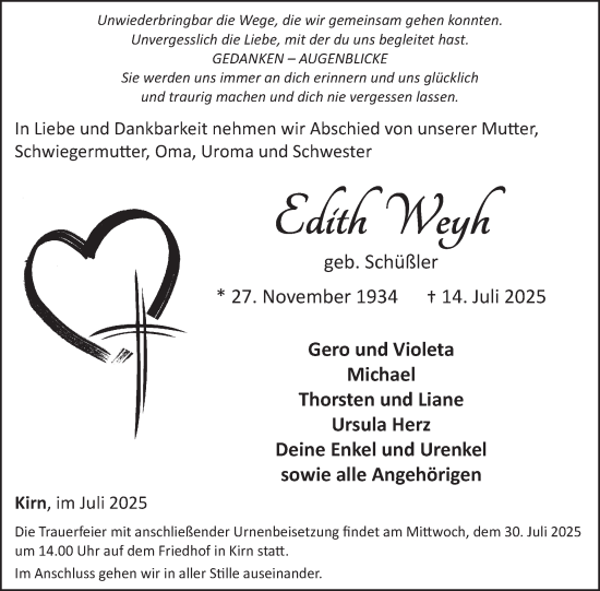 Traueranzeige von Edith Weyh von WochenSpiegel