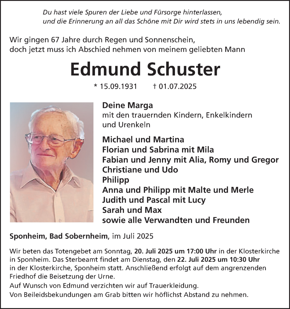  Traueranzeige für Edmund Schuster vom 12.07.2025 aus WochenSpiegel