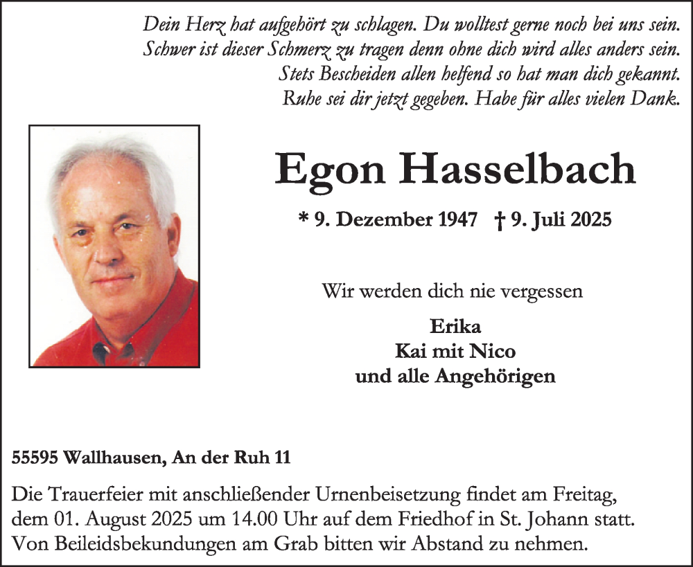  Traueranzeige für Egon Hasselbach vom 26.07.2025 aus WochenSpiegel