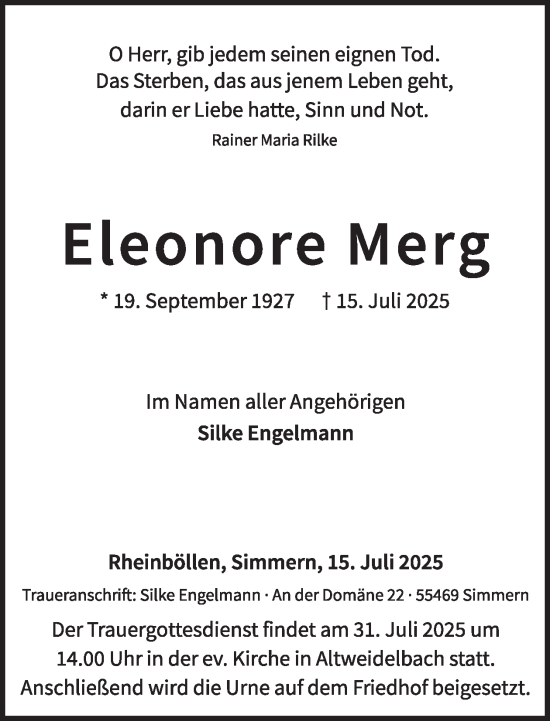 Traueranzeige von Eleonore Merg von WochenSpiegel