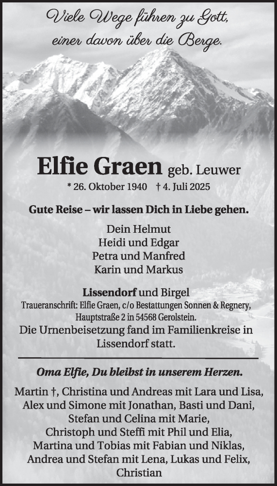  Traueranzeige für Elfie Graen vom 12.07.2025 aus WochenSpiegel