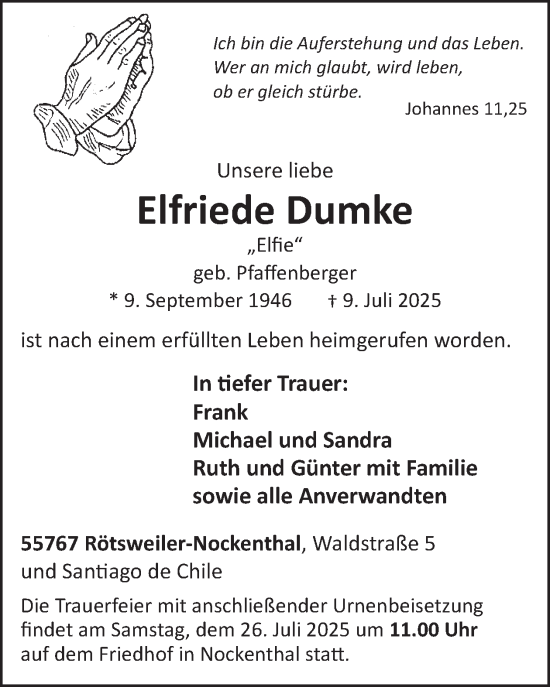 Traueranzeige von Elfriede Dumke von WochenSpiegel