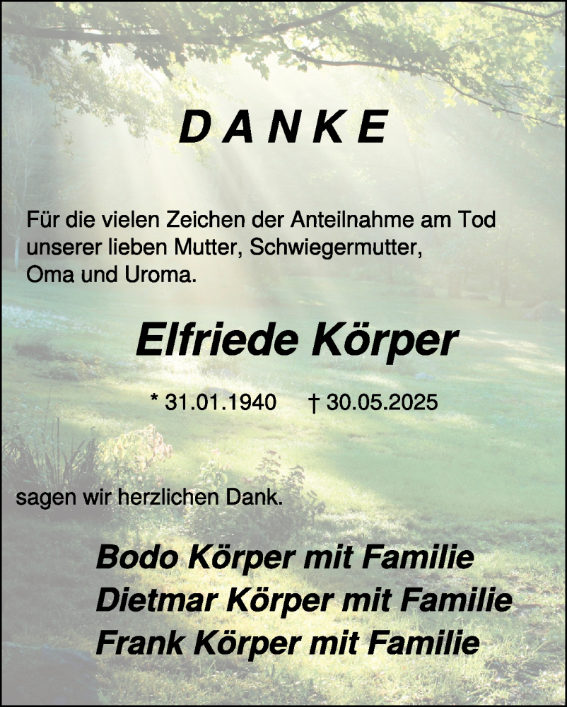  Traueranzeige für Elfriede Körper vom 12.07.2025 aus WochenSpiegel