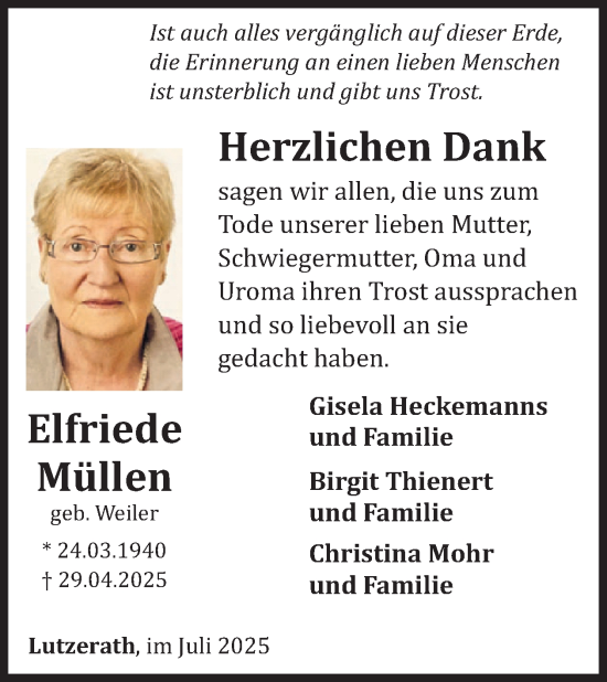 Traueranzeige von Elfriede Müllen von WochenSpiegel