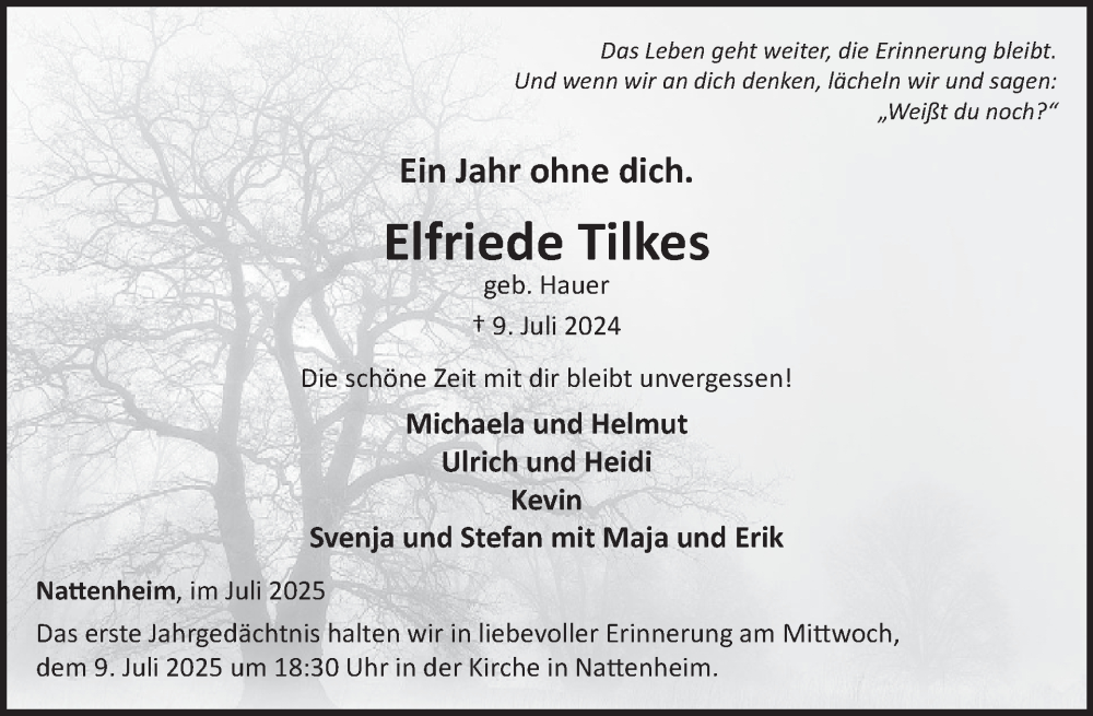  Traueranzeige für Elfriede Tilkes vom 04.07.2025 aus WochenSpiegel