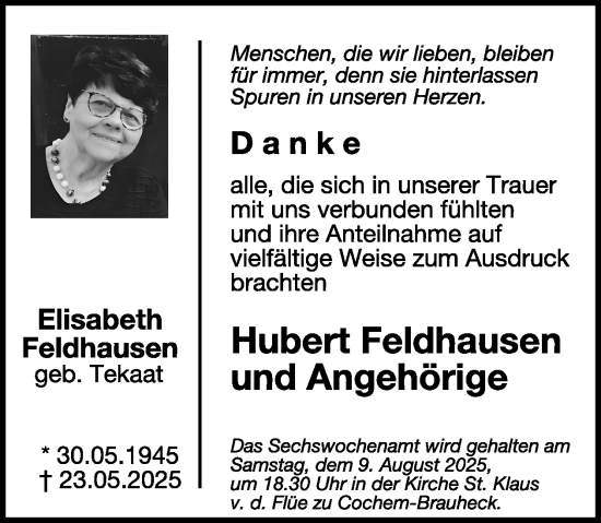 Traueranzeige von Elisabeth Feldhausen von WochenSpiegel