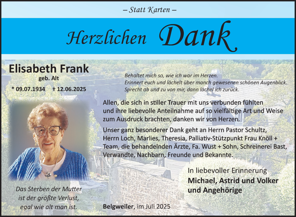  Traueranzeige für Elisabeth Frank vom 05.07.2025 aus WochenSpiegel