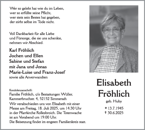 Traueranzeige von Elisabeth Fröhlich von WochenSpiegel