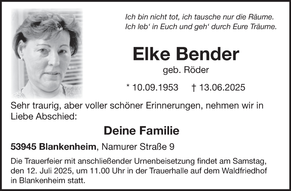 Traueranzeige für Elke Bender vom 02.07.2025 aus WochenSpiegel