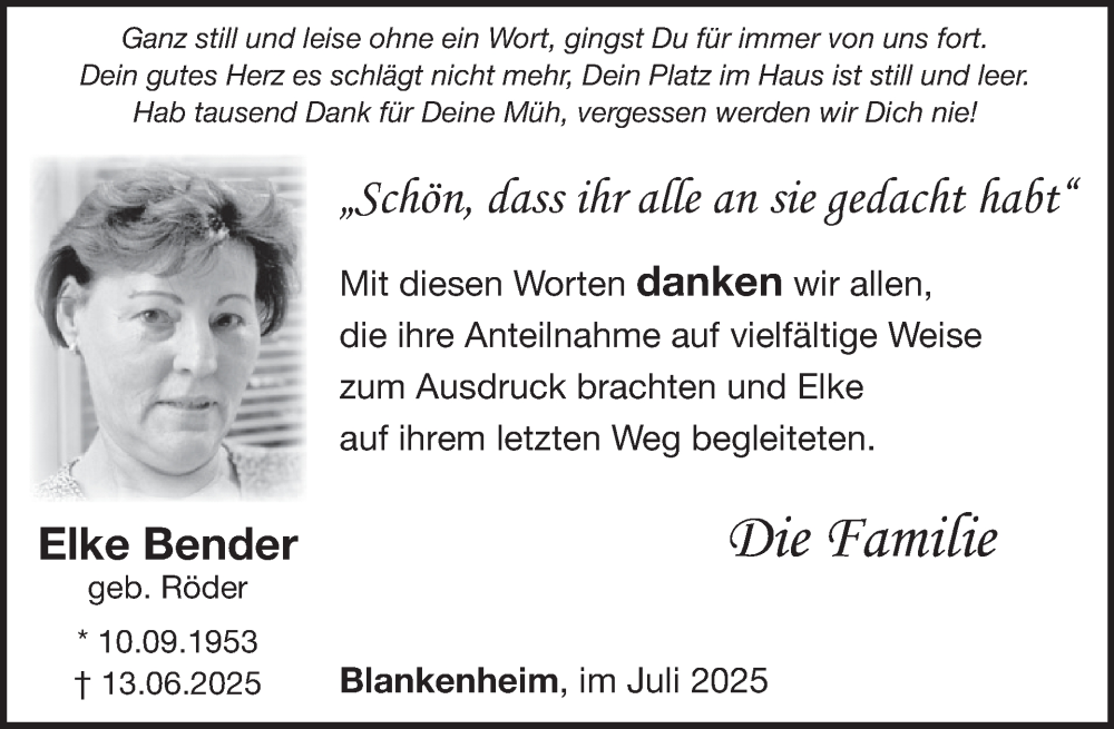  Traueranzeige für Elke Bender vom 23.07.2025 aus WochenSpiegel