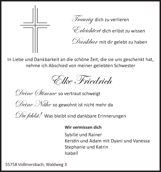 Traueranzeige von Elke Friedrich von WochenSpiegel