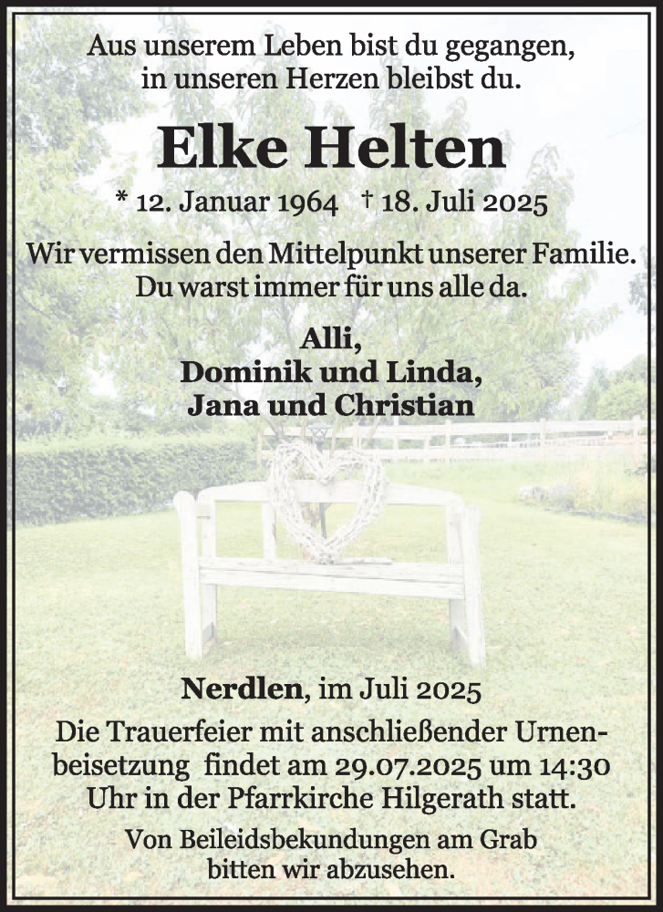  Traueranzeige für Elke Helten vom 26.07.2025 aus WochenSpiegel