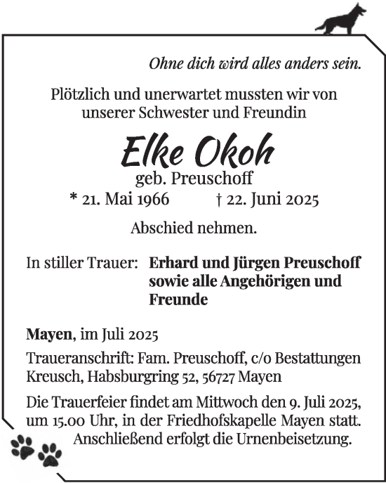 Traueranzeige von Elle Okoh von WochenSpiegel