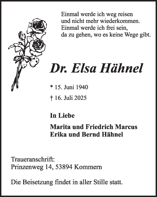 Traueranzeige von Elsa Hähnel von WochenSpiegel