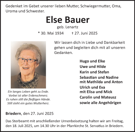 Traueranzeige von Else Bauer von WochenSpiegel