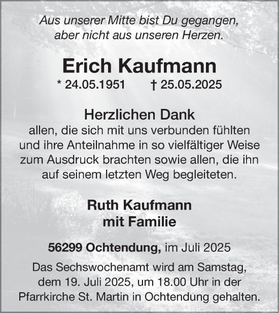Traueranzeige von Erich Kaufmann von WochenSpiegel