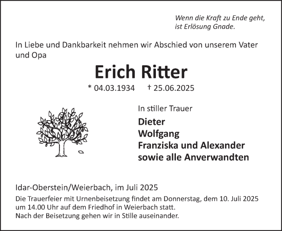 Traueranzeige von Erich Ritter von WochenSpiegel