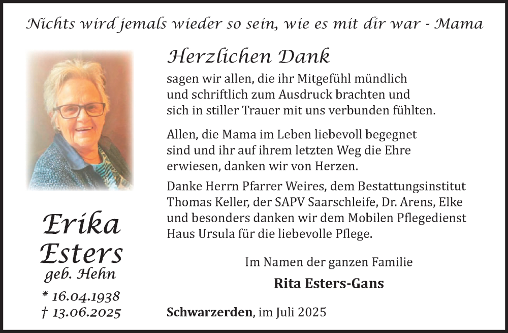  Traueranzeige für Erika Esters vom 26.07.2025 aus WochenSpiegel