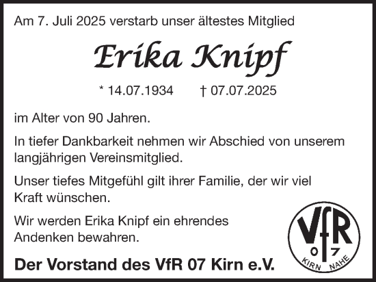 Traueranzeige von Erika Knipf von WochenSpiegel