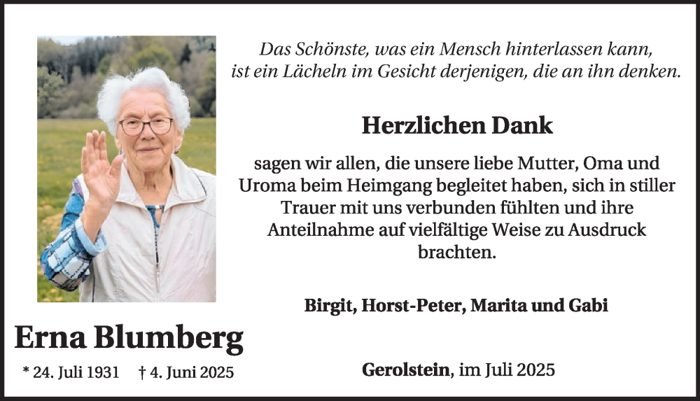  Traueranzeige für Erna Blumberg vom 26.07.2025 aus WochenSpiegel