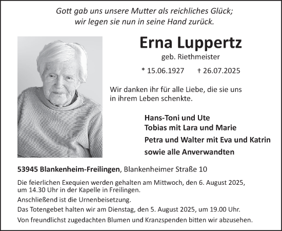 Traueranzeige von Erna Luppertz von WochenSpiegel