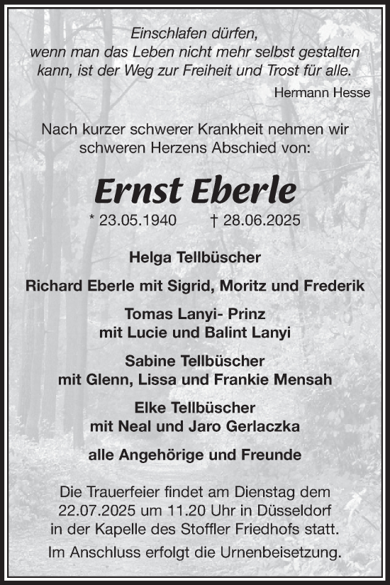 Traueranzeige von Ernst Eberle von WochenSpiegel