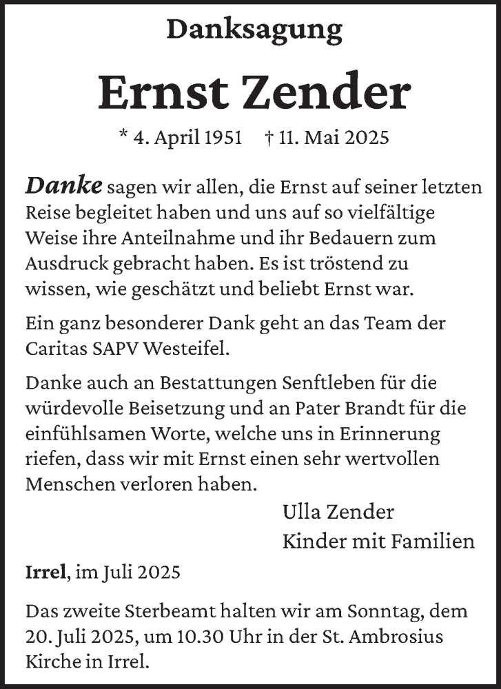  Traueranzeige für Ernst Zender vom 11.07.2025 aus WochenSpiegel