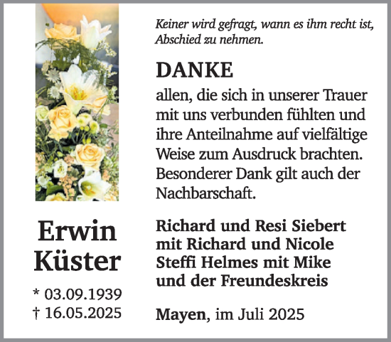 Traueranzeige von Erwin Küster von WochenSpiegel