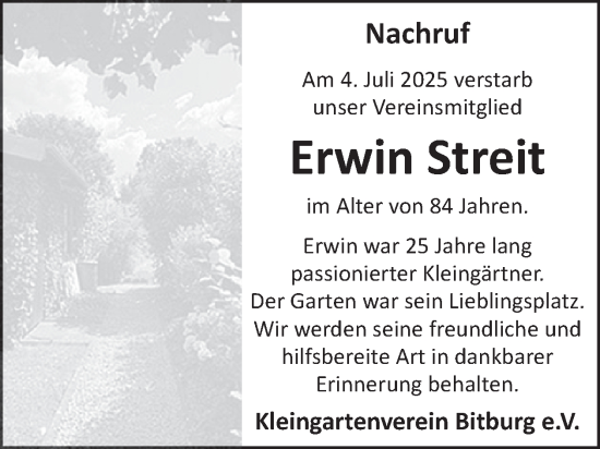Traueranzeige von Erwin Streit von WochenSpiegel