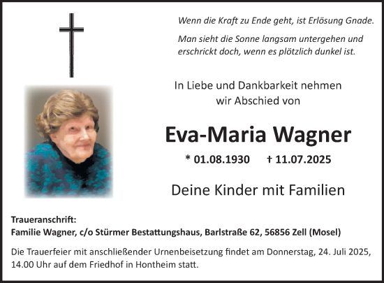 Traueranzeige von Eva-Maria Wagner von WochenSpiegel