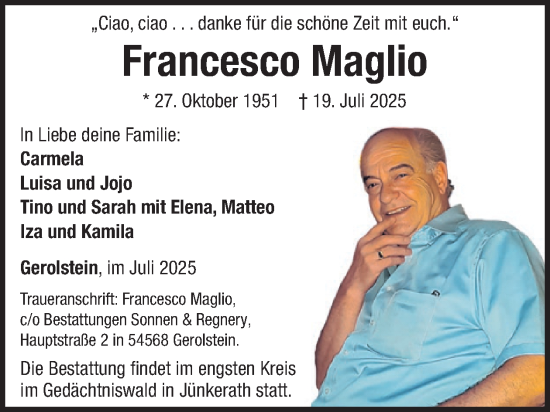 Traueranzeige von Francesco Maglio von WochenSpiegel