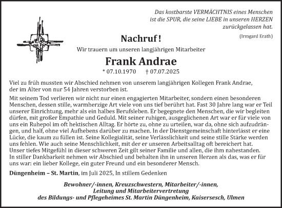 Traueranzeige von Frank Andrae von WochenSpiegel
