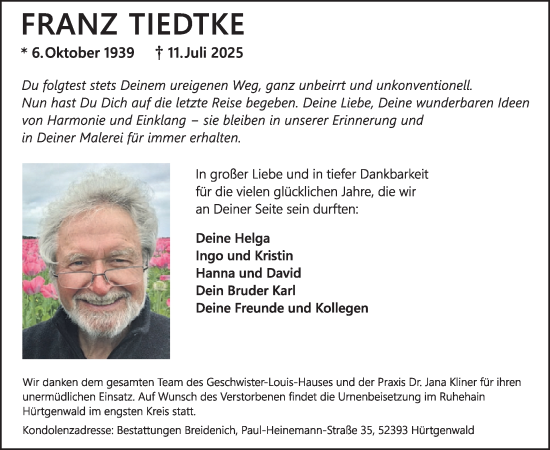 Traueranzeige von Franz Tiedtke von WochenSpiegel