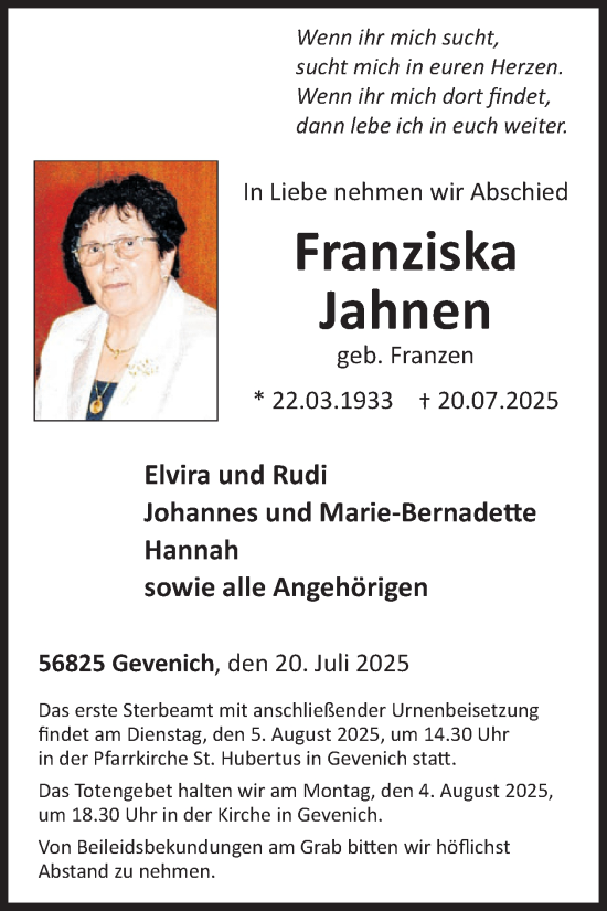 Traueranzeige von Franziska Jahnen von WochenSpiegel