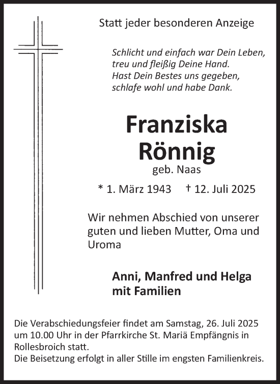 Traueranzeige von Franziska Rönnig von WochenSpiegel