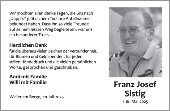 Traueranzeige von Franz Josef Sistig von WochenSpiegel