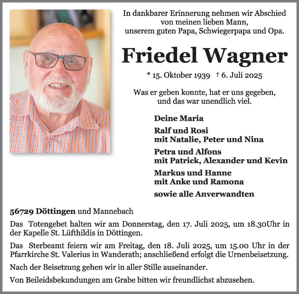  Traueranzeige für Friedel Wagner vom 12.07.2025 aus WochenSpiegel