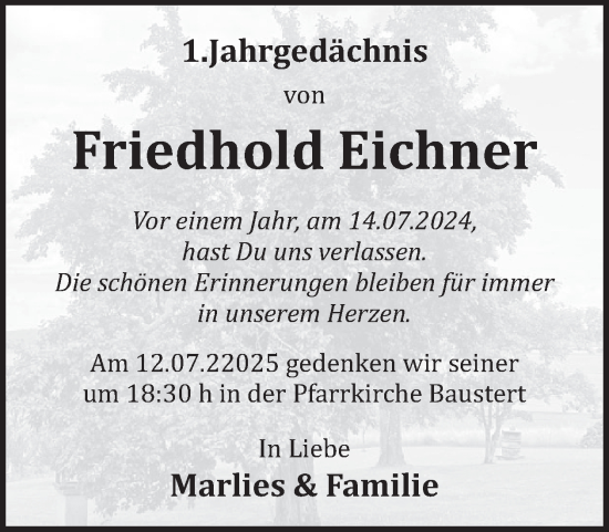 Traueranzeige von Friedhold Eichner von WochenSpiegel