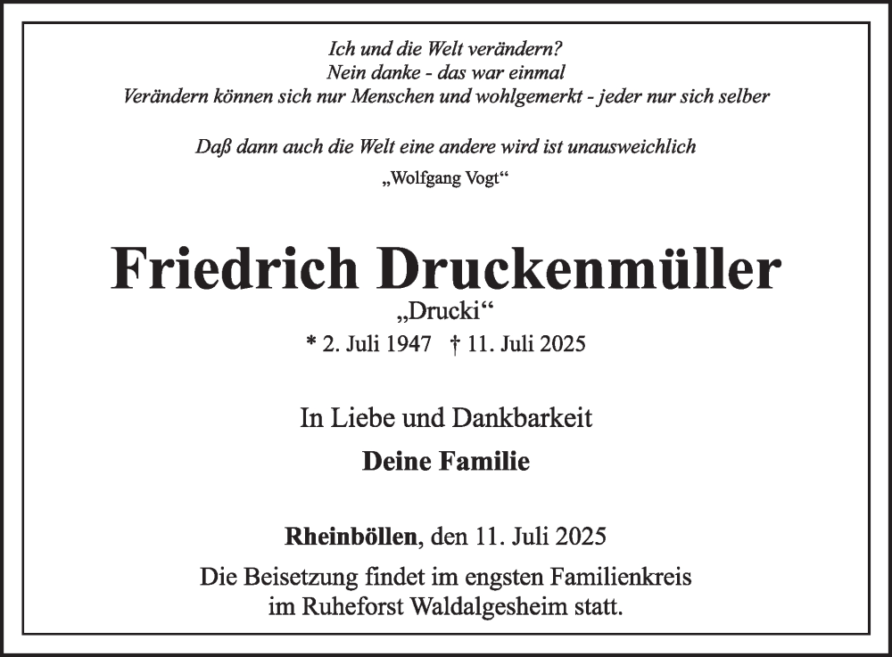  Traueranzeige für Friedrich Druckenmüller vom 19.07.2025 aus WochenSpiegel
