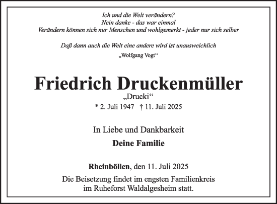 Traueranzeige von Friedrich Druckenmüller von WochenSpiegel