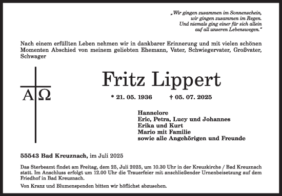 Traueranzeige von Fritz Lippert von WochenSpiegel