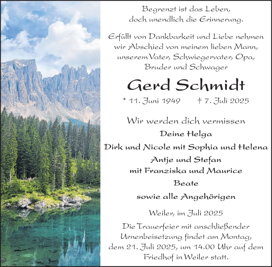 Traueranzeige von Gerd Schmidt von WochenSpiegel
