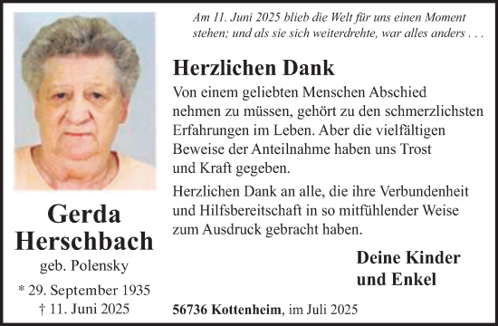 Traueranzeige von Gerda Herschbach von WochenSpiegel
