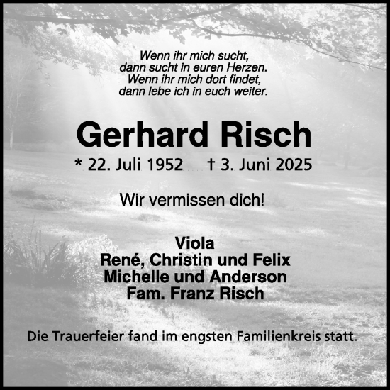 Traueranzeige von Gerhard Risch von WochenSpiegel