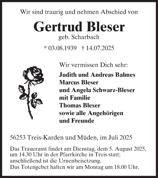 Traueranzeige von Gertrud Bleser von WochenSpiegel