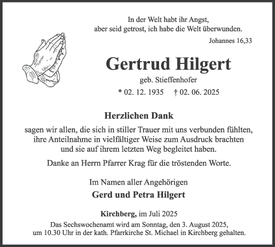 Traueranzeige von Gertrud Hilgert von WochenSpiegel